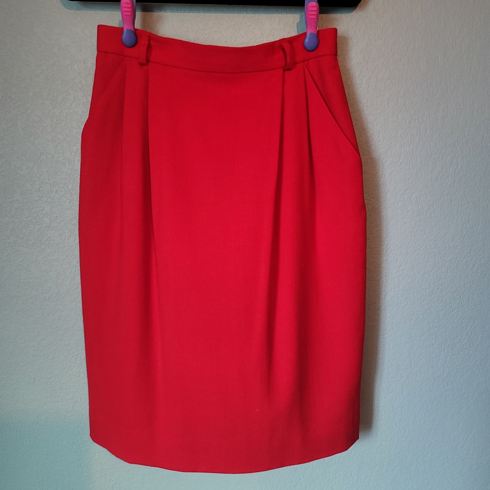 100% Wool Vintage Red Pleated Pencil Skirt Kick Pleat Pockets JH Collectibles